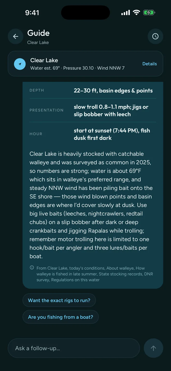 The GuideHour guide answering where to start for walleye on Clear Lake — depth, presentation and hour, with the reasoning and the sources it used listed underneath