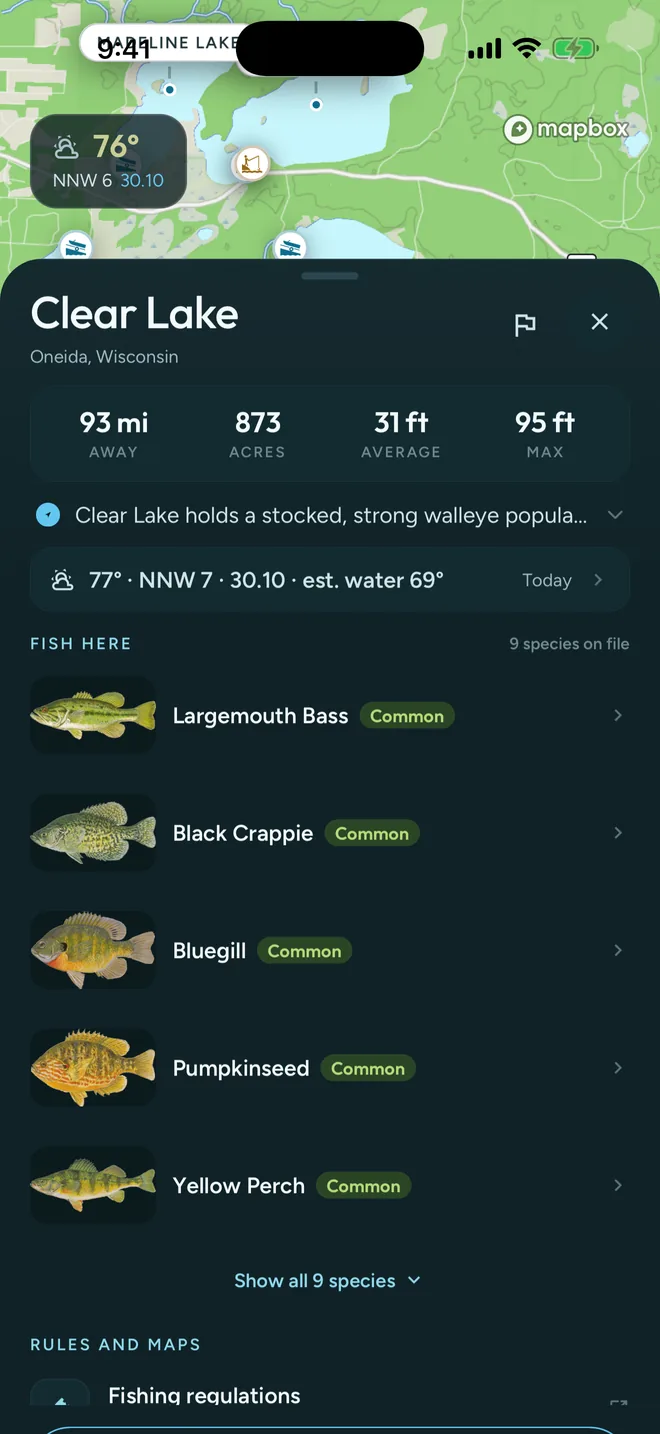 The Clear Lake sheet showing distance, acres, average and max depth, today's conditions, the species on file and links to fishing regulations