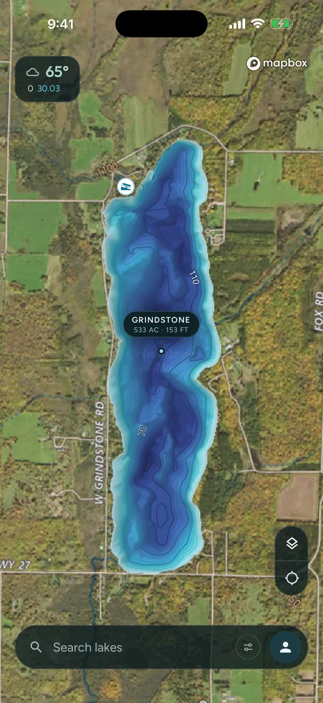 Grindstone Lake, Minnesota — surveyed depth contours and full-color depth shading drawn over satellite imagery