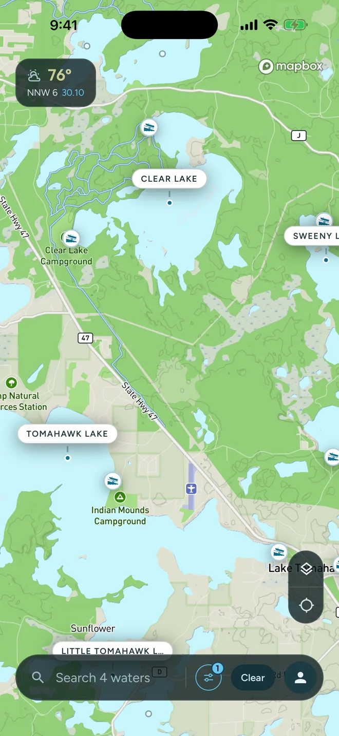 The GuideHour map showing lakes near Clear Lake with boat landings and a filtered search across four waters
